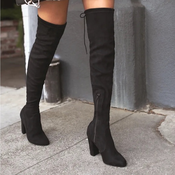 Lulus Shoes - So Much Yes Black Suede Over the Knee Boots